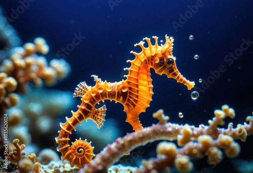 Caballito de mar naranja brillante nadando entre corales bajo el agua con burbujas flotantes.