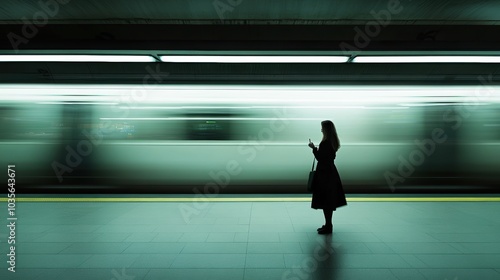 Frustrated woman standing at the subway platform, checking her watch impatiently, blurred train in motion behind her, artificial station lighting