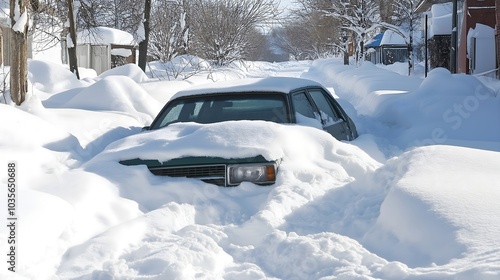 Car almost completely covered by snow on residential street with snow-laden trees