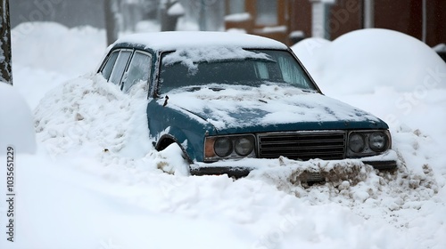 Old blue sedan covered in snow on residential street during winter storm