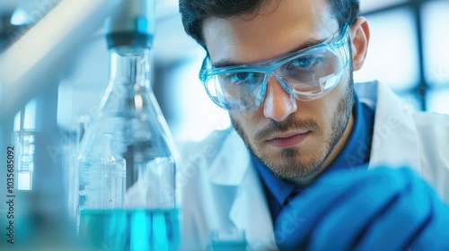 Scientist working in laboratory with chemical equipment.