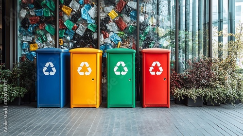 A recycling bin in front of an office building, promoting workplace environmental responsibility.