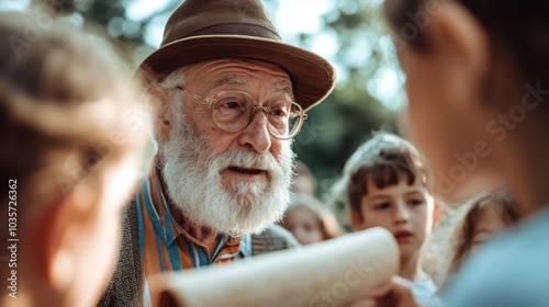 An elderly man with a warm expression and a full white beard passionately tells a story to a group of enthralled children in a picturesque outdoor setting.