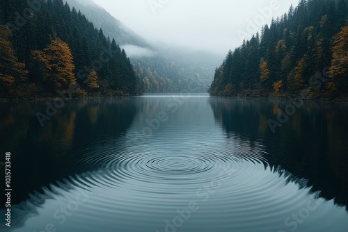 A Single Ripple on a Tranquil Lake Surrounded by Foggy Mountains and Pine Trees