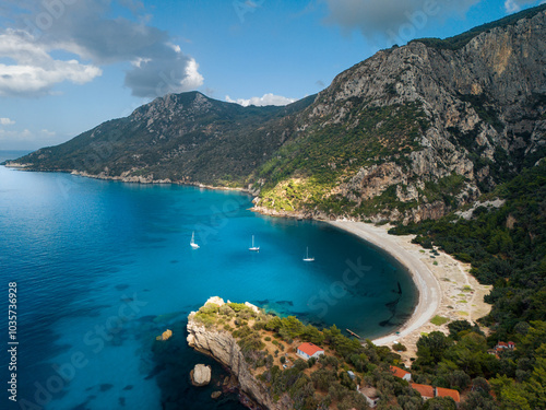 Stunning turquoise bay on Samos island in Greece - Ormos Agios Isidoros.