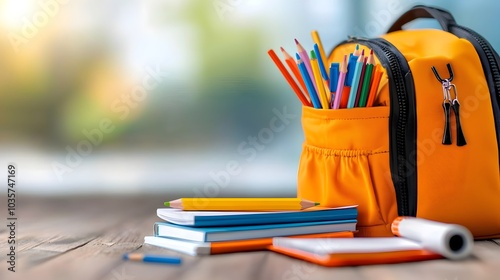 A neatly arranged open school backpack filled with vibrant stationery and academic supplies ready for the start of a new school year and learning journey