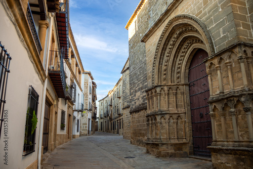 Typical street in the old town of Úbeda, Jaén, Andalusia, a World Heritage city, with the church of San Pablo in the foreground