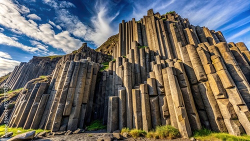 Unique rock formations made of basalt columns standing tall against the sky, Prismas Basalticos