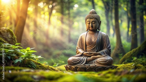 Tranquil image of a Buddha statue surrounded by a peaceful forest setting , Serene, Buddha, statue, forest, peaceful, tranquil