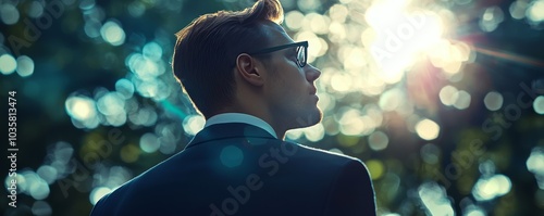 Businessman in a Suit with Stylish Glasses and Bokeh Background, Sunlight Filtering Through Trees, Professional and Modern Look