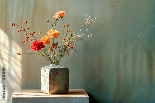 Bouquet de fleurs minimaliste devant un mur en béton vide