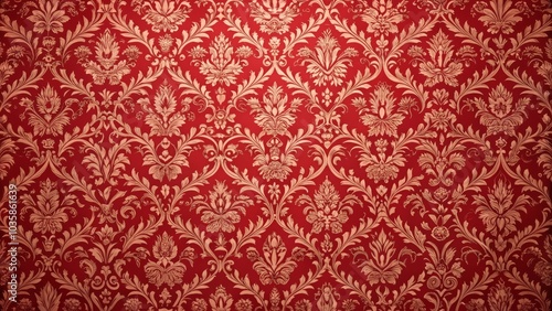 Red and gold damask pattern creating an ornate floral design for backgrounds and textures