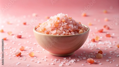 Bowl of pink himalayan salt on pink background 