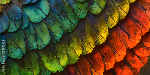 Extreme Close-up of Parrot Wing. Intricate Scales and Patterns in Vivid Colors