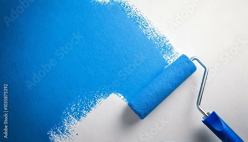 A blue paint roller painting a white wall with blue paint, editable colors