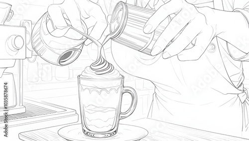 A skilled barista carefully pouring steamed milk into a glass of espresso, creating a remarkably detailed rendition of the Girl within the layered coffee and milk swirls.