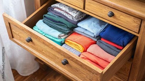 open dresser drawer with neatly folded clothes inside, home space organization