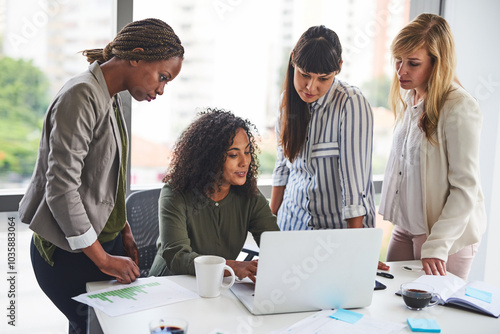 Laptop, discussion and group of business women in meeting, coaching and training in creative startup. Team, manager and computer for brainstorming ideas, project metrics and data for event planning