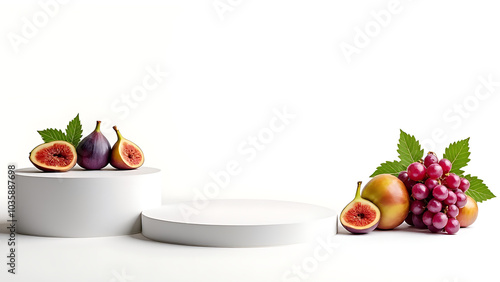 ful grapes and figs design for podium display purposes with white background space for creative visual arrangement and artistic expression ideas.