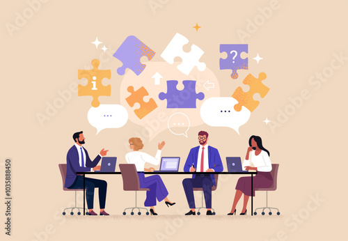 Business Team Brainstorm concept. Contemporary flat style abstract vector illustration of a group of diverse people at a desk leading a discussion with puzzle pieces above their heads.