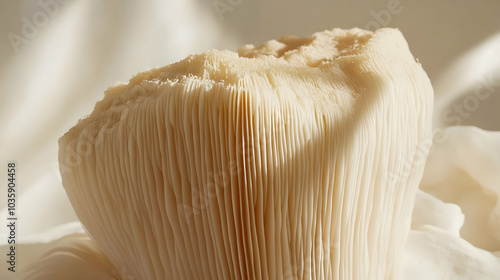 Liona??s mane mushroom, highlighting its unique texture and gills on a light background -