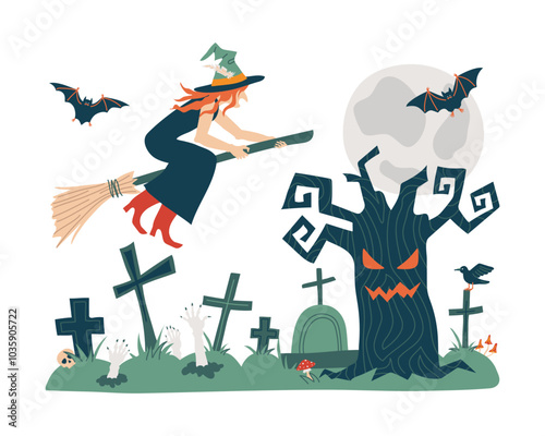 Old witch flies on a broom over a cemetery with zombie hands from the graves. Churchyard, graveyard on Halloween, tombstones, crosses with full moon and scary tree. Isolated vector illustration