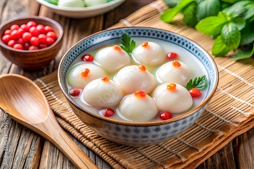 Chinese tangyuan dessert in bowl with red bean