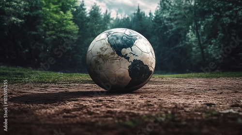 football with world globe pattern on it, on the ground in front of a forest, symbolising planetary popularity of soccer