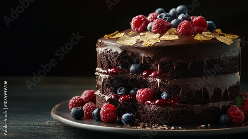 A decadent triple-layered chocolate cake adorned with edible gold leaf, Cake positioned off-center, Dramatic spotlight overhead