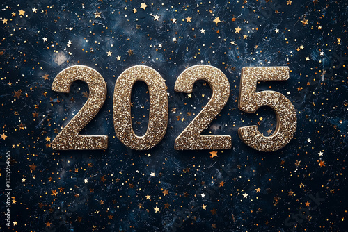 2025 golden number, Happy New Year, welcome 2025, the number "2025" with sparkles behind, people celebrating the new year