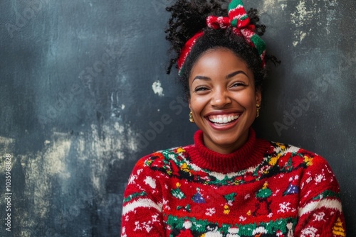 Smiling woman in ugly Christmas sweater. 