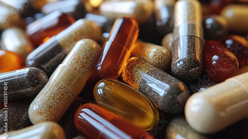 A diverse assortment of dietary capsules showcasing various colors and textures