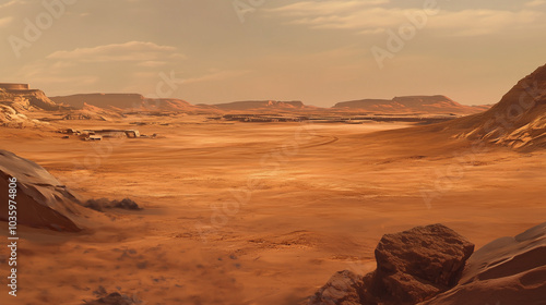 Vast Martian-like desert landscape with rocky terrain, distant plateaus under a hazy sky