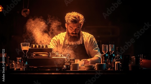 The barista meticulously crafts a cup of coffee, surrounded by a variety of brewing equipment, while warm lights create an inviting atmosphere in the café