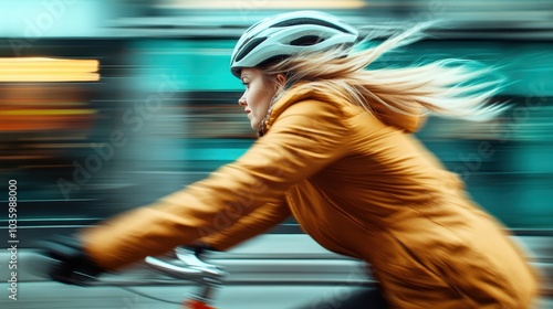 A woman wearing a helmet rides a bike quickly down a busy city street, her hair flowing behind her, capturing the dynamic essence of urban cycling and speed.