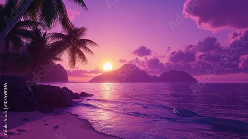 Purple Sunset beach palm Landscape. The tranquil allure of a pristine Thai beach