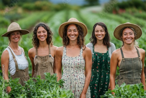 Group of women farmers working together in a vegetable garden on a sunny day