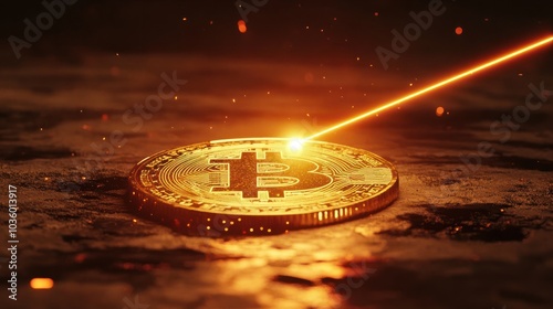 Bitcoin cut in half by a laser beam, bitcoin halving crypto concept , digital gold of the future