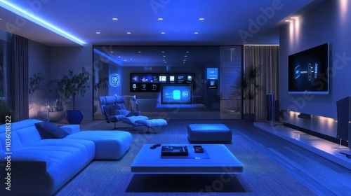 High-tech smart home living room with integrated smart devices, sleek furniture, and ambient lighting, showcasing futuristic and user-friendly design