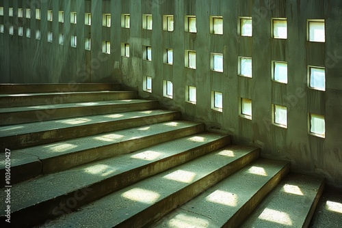 A captivating architectural photograph showcasing sunlight filtering through small square windows onto concrete steps, creating a mesmerizing pattern