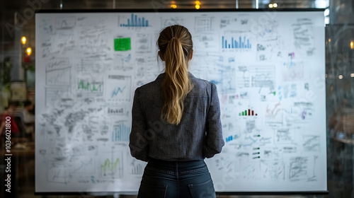 A woman stands in front of a large white board with many graphs and charts