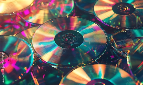 Isolated retro compact disc (CDs), digital video discs (DVD) or CD-ROM. Vintage 90s and 2000s computer technology, music or film media concept graphic or background