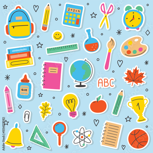 Collection of a hand drawn school stickers. Cartoon stationery icons. Vector illustration