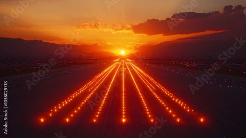 Sunset Runway Illuminated By Guiding Aircraft Takeoff Amid Weather Conditions