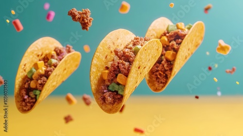 Tasty taco pieces falling on colorful backdrop, traditional mexican cuisine food concept