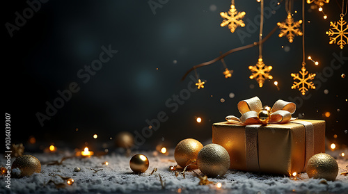 dark winter scene features golden snowflakes gifts balls stars somber backdrop