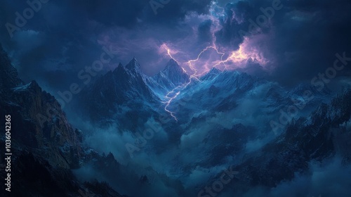 Lightning illuminating the stormy night sky over a mountain range, capturing the intensity of natureâ€™s power