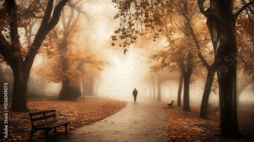 A foggy autumn scene captures a park alley with an unidentified passerby, the dense fog enhancing the somber and mysterious mood of the autumn landscape