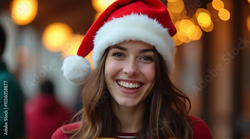 young woman wears santa hat big smile holiday season celebrations