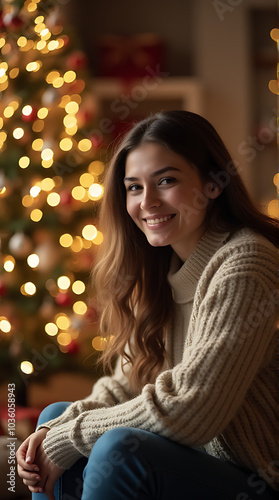 young woman smiles happily toy near christmas tree cozy indoor winter scene decorated holiday season perfectly